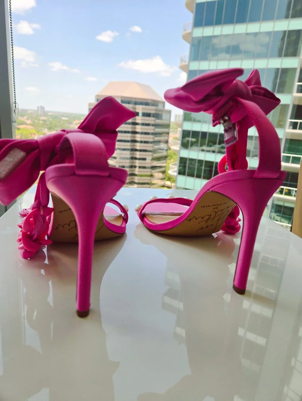 Fuchsia Satin Bow Ankle-Strap Heels with Pearl Accent Gianna Bini